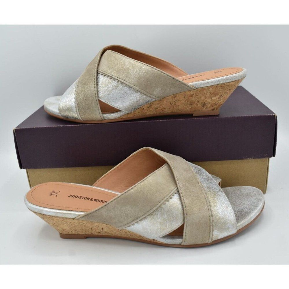 Johnston & Murphy Womens Size 7 Marlena Cross Strap Silver Gold Slip On Sandals